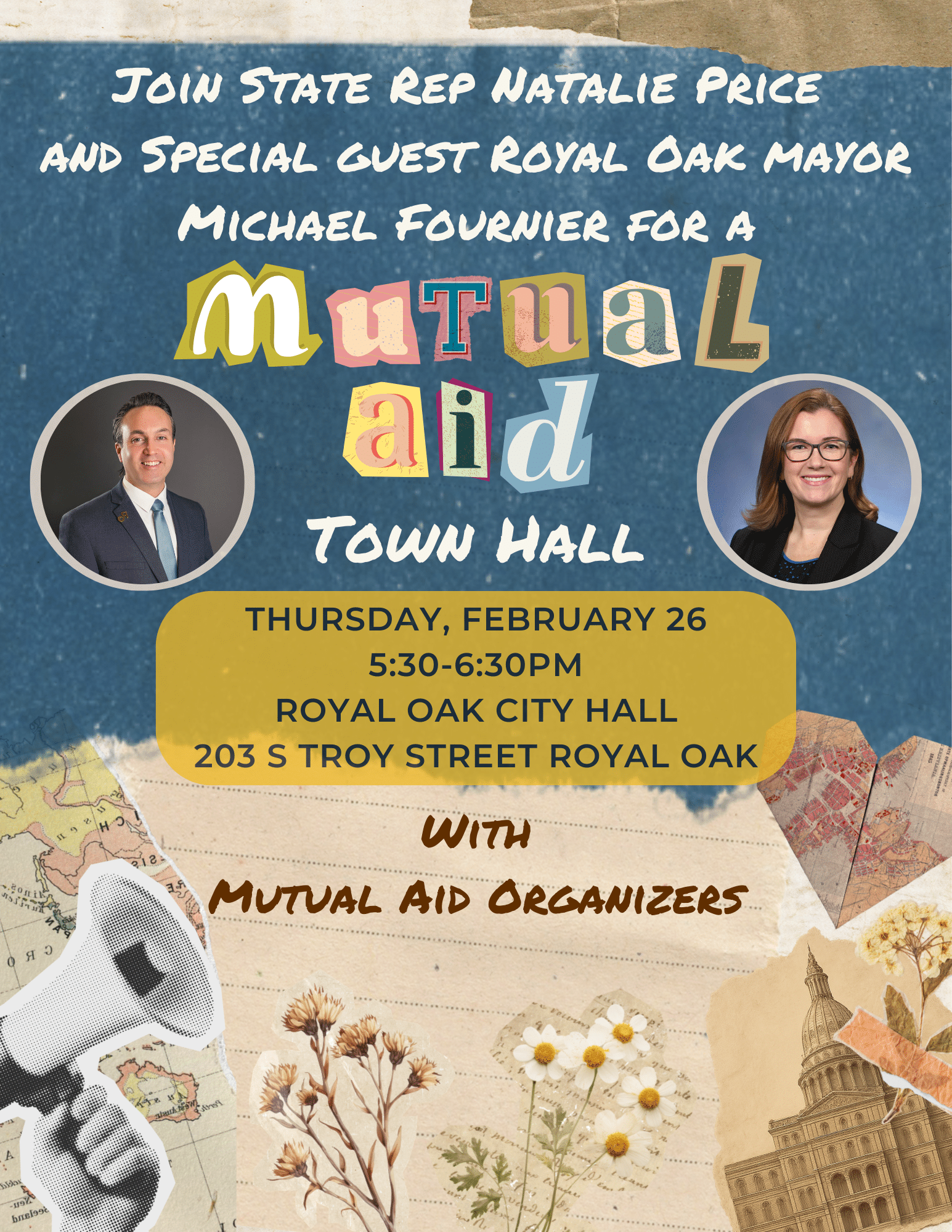 Townhall graphic for State Rep. Natalie Price for a mutual aid townhall on Thursday Feb. 26 from 5:30-6:30 p.m. at Royal City Hall with Mutual Aid Organizers