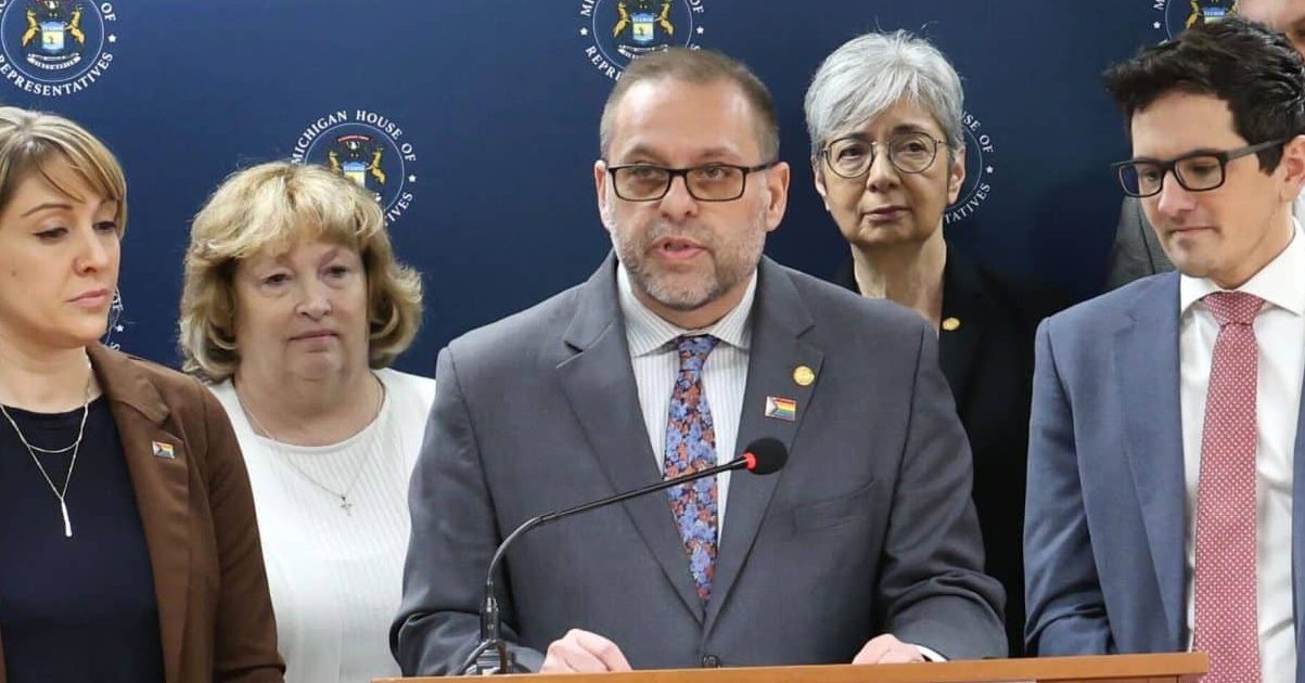 State Rep. Mike McFall (D-Hazel Park) speaks at the Protecting Rights, Defending Freedoms Press Conference in Lansing.