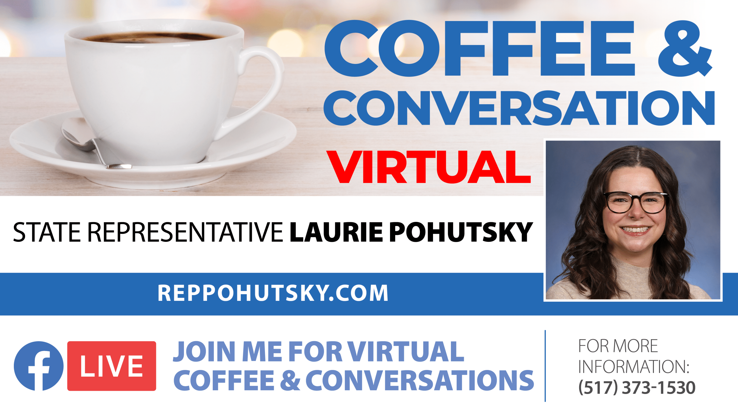 graphic for virtual coffee and conversation with State Rep. Laurie Pohutsky