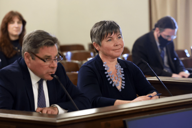 State Sen. John Damoose, left, and State Rep. Betsy Coffia testifying before the Senate Housing and Human Services Committee on March 10.