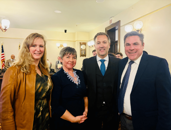 Networks Northwest CEO Janie McNabb, state Rep. Betsy Coffia, Traverse Connect President & CEO Warren Call, and state Sen. John Damoose after each testified for the microcenters bill in the Senate on March 10.
