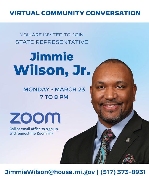 Graphic for a virtual coffee hour with State Rep. Jimmie Wilson Jr