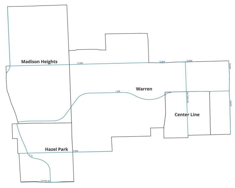Map of Rep. Mike McFall's district including Center Line, Hazel Park, Madison Heights, and part of Warren
