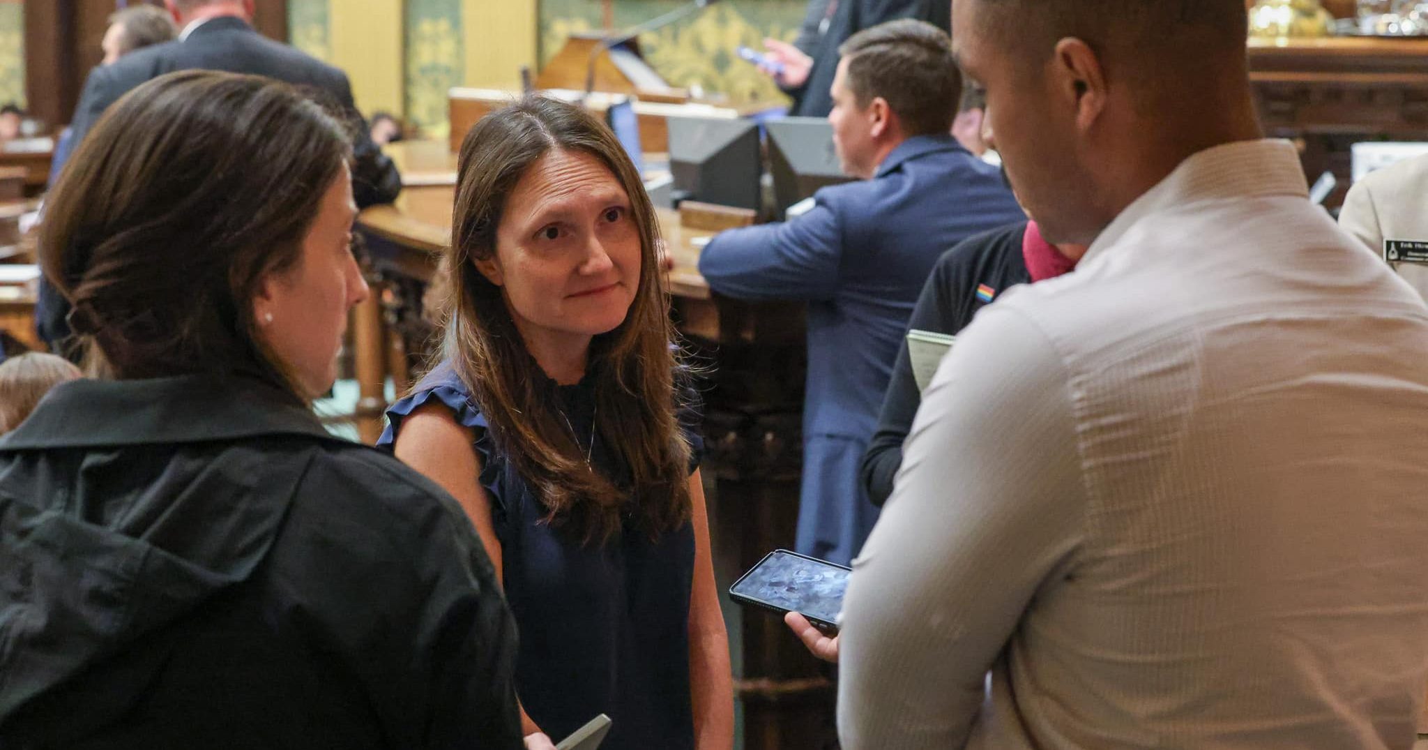 State Rep. Penelope Tsernoglou speaks to reporters on the House floor