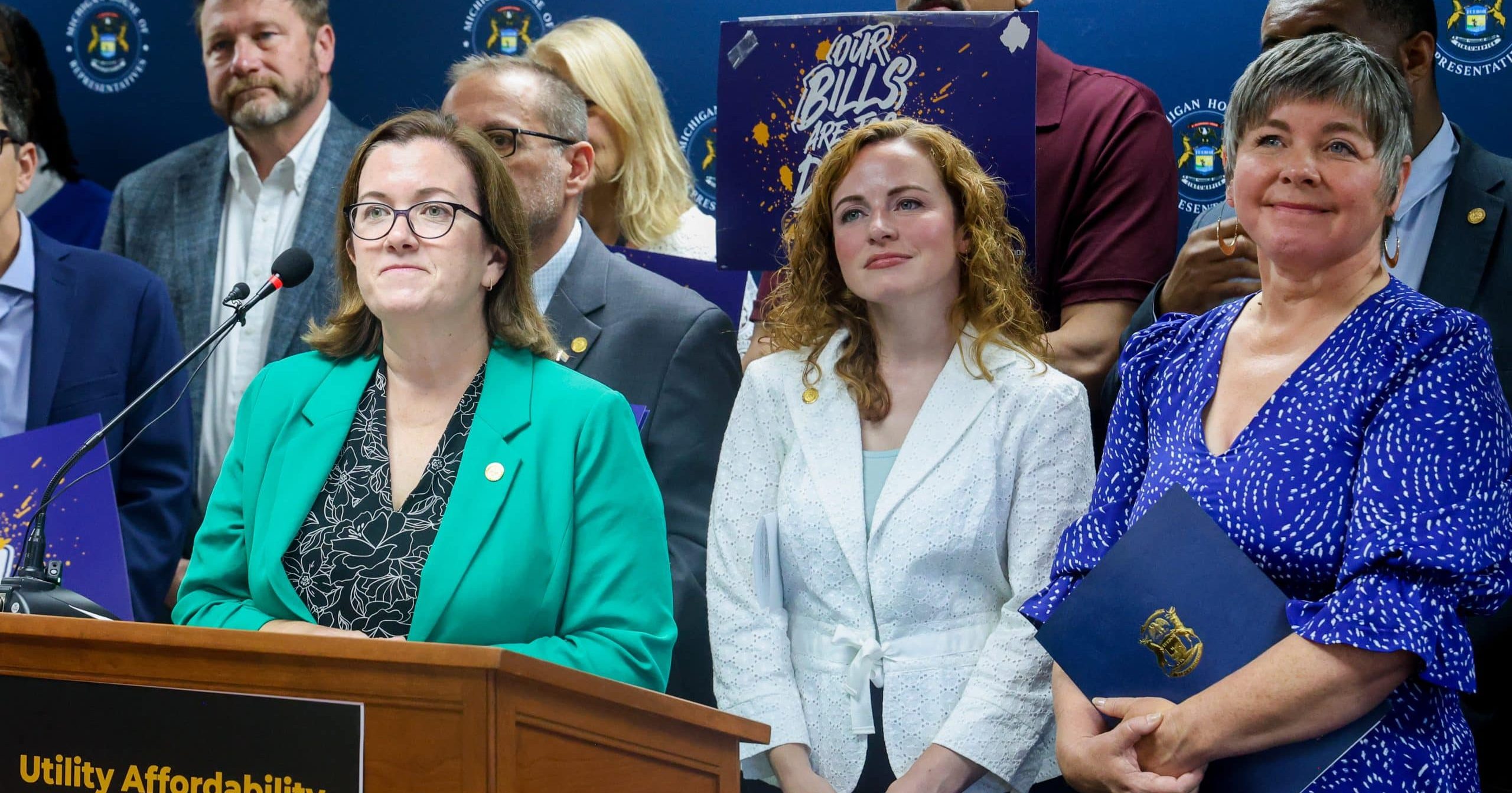 State Reps. Natalie Price (D-Berkley), Erin Byrnes (D-Dearborn) and Betsy Coffia (D-Traverse City) at the Utility Affordability Now Press Conference, June 11, 2026