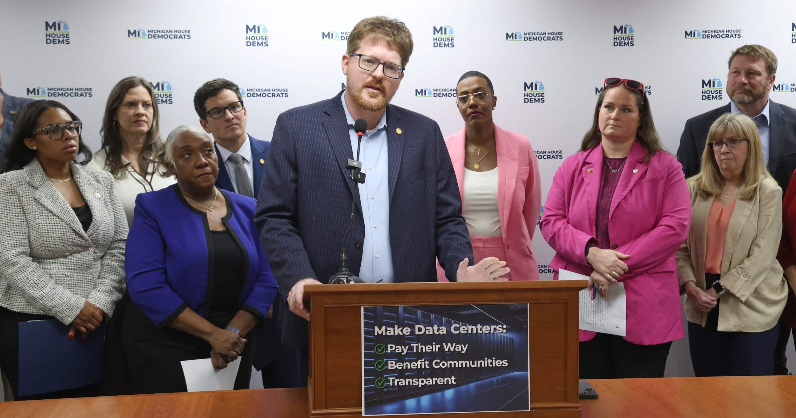 State Rep. Joey Andrews speaks at the Data Center Guardrails press conference alongside fellow House Democrats