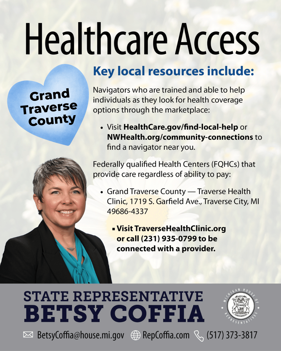 A Healthcare Resource graphic for Michigan State Representative Betsy Coffia