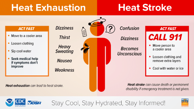 Graphic from the CDC about Heat Exhaustion and Heat Stroke - Heat Exhaustions symptoms include dizziness, thirst, heavy sweating, nausea and weakness - Move to a cooler area, loosen clothing, sip cool water, seek medical help if symptoms don't improve - Heat Stroke symptoms include confusion, dizziness, unconsciousness - CALL 911, move person to a cooler area, loosen clothing and remove extra layers, cool with water or ice - Stay Cool, Stay Hydrated, Stay Informed!