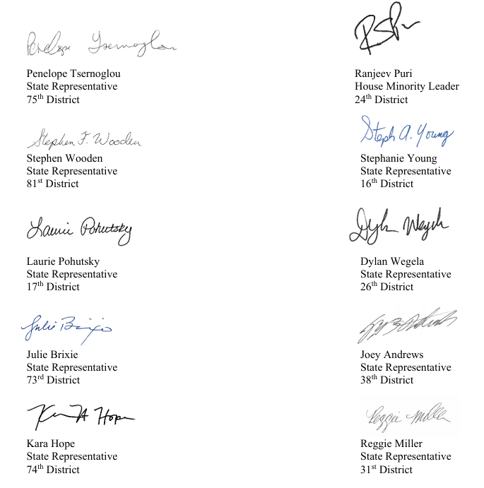 signatures for Michigan State Reps. Penelope Tsernoglou, Ranjeev Puri, Stephen Wooden, Stephanie Young, Laurie Pohutsky, Dylan Wegela, Julie Brixie, Joey Andrews, Kara Hope and Reggie Miller
