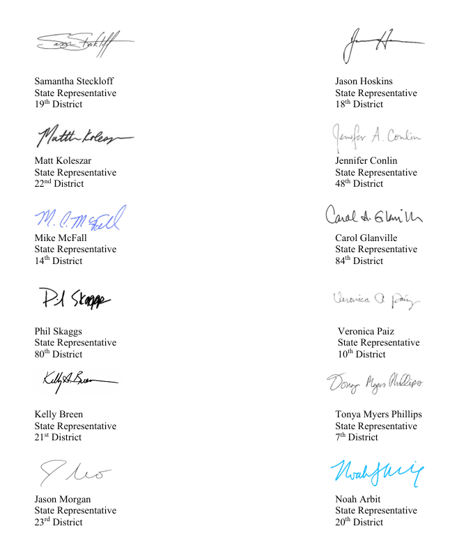 Signatures of Michigan State Reps. Samantha Steckloff, Jason Hoskins, Matt Kolezar, Jennifer Conlin, Mike McFall, Carol Glanville, Phil Skaggs, Veronica Paiz, Kelly Breen, Tonya Myers-Phillips, Jason Morgan and Noah Arbit