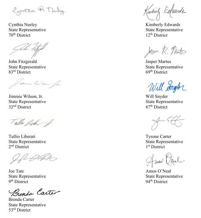 Signatures of Michigan State Reps. Cynthia Neeley, Kimberly Edwards, John Fitzgerald, Jasper Martus, Jimmie Wilson, Jr, Will Snyder, Tullio Liberati, Tyrone Carter, Joe Tate, Amos O'Neal and Brenda Carter