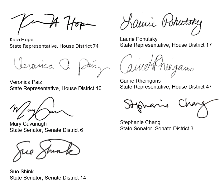 Signatures for state Reps. Kara Hope, Laurie Pohutsky, Veronica Paiz, Carrie Rheingans and state Sens. Mary Cavanagh, Stephanie Chang and Sue Shink