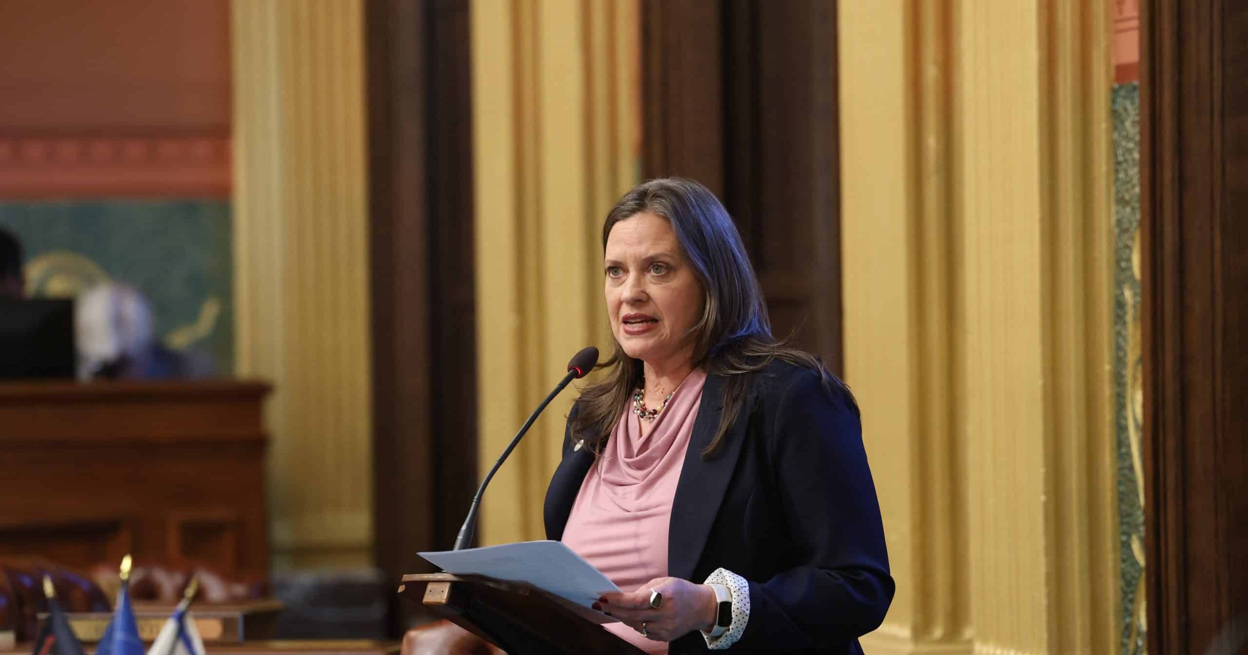 State Representative Carol Glanville speaking on the House floor in the Michigan Capitol Building.